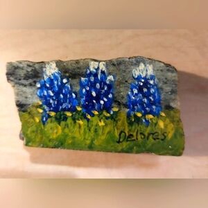 Hand Painted Granite Rock Texas Bluebonnet Paperweight Signed By Artist